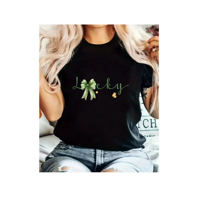 St. Patrick'S Day Shamrock Graphic Print T-Shirt, Short Sleeve Crew Neck Casual Top, Perfect for SumCamisetas de verano para mujer, manga corta, cuello redondo, casual, lindo, con gráficos, camisetas