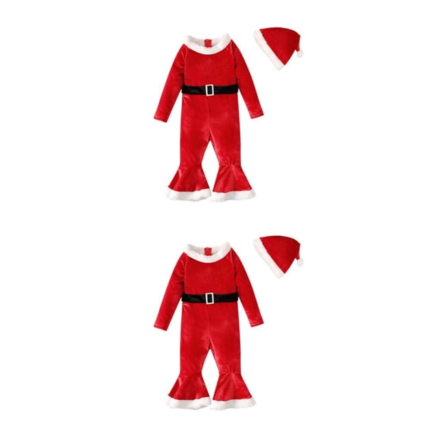 Cateissary Disfraz de Navidad para niñas, parte inferior de campana de manga larga con sombrero, traje cálido de Navidad, traje de Año Nuevo, Rojo 130 yardas 2piezas