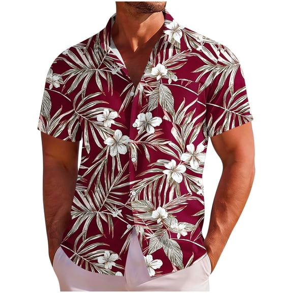 Mens Hawaiian Shirt Short Sleeve Floral Button Down Casual Shirt Tropical Summer Beach Shirts Camp Collar Shirt Red 4XL