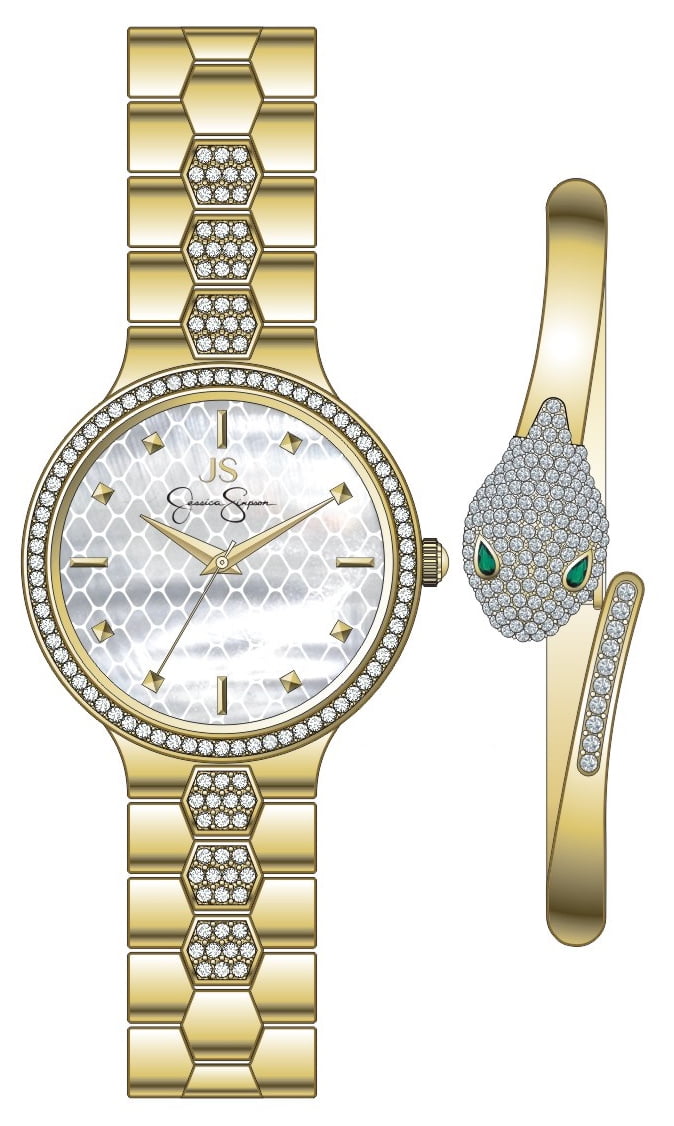 Jessica Simpson Ladies 34mm Gold Tone Crystal Accent Mother Of Pearl Dial Bracelet Watch & Crystal Encrusted Snake Bangle