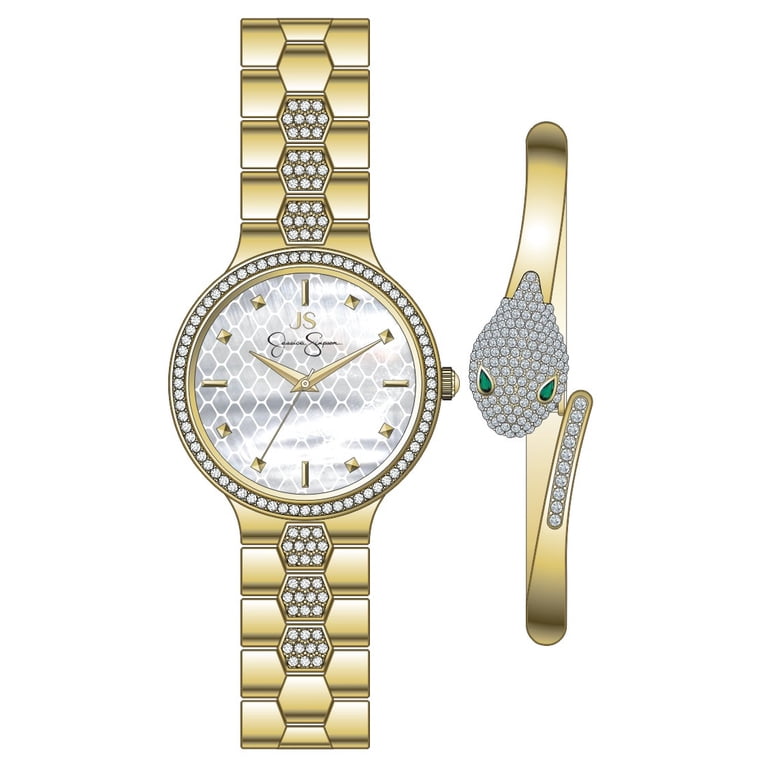 Jessica Simpson Ladies 34mm Gold Tone Crystal Accent Mother Of