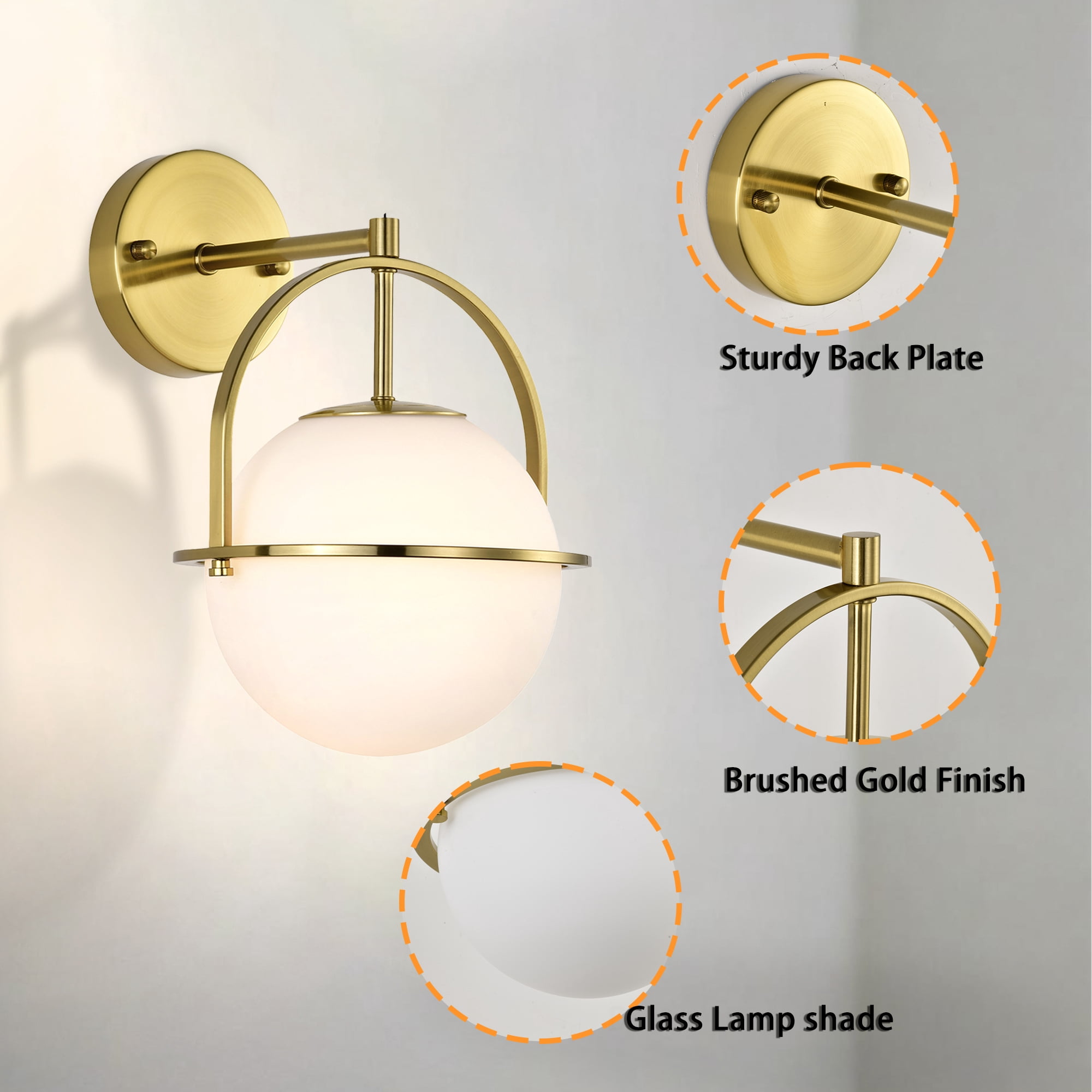 ASHOP Gold Wall Sconce Set of 2 Globe Glass Light Fixtures Mid-Century Modern Lamp with Frosted Shade