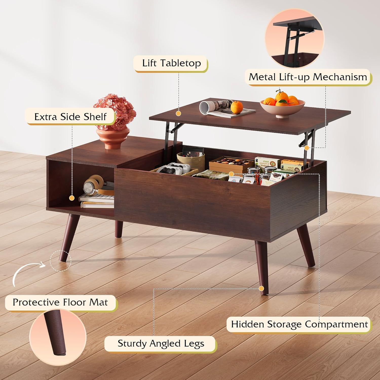 GALAXHERO Lift Top Coffee Table with Storage Small Living Room Table with Storage Shelf & Hidden Compartment Espresso