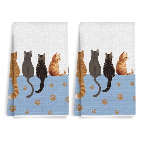 2PCS Cute Cat Kitchen Towels, Cats Paw Print Themed Gifts Reusable Absorbent Dish Tea Towels for Cleaning Cooking, Cat Lovers Gifts for Women Polyester Kitchen Towel, Housewarming Gift