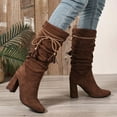 thumbnail image 3 of Womens Slouchy Mid Calf boots Fashion Suede Strappy Block High Heel Knee High Boots Casual Pointed Toe Dress Long Booties Coffee 6.5, 3 of 5