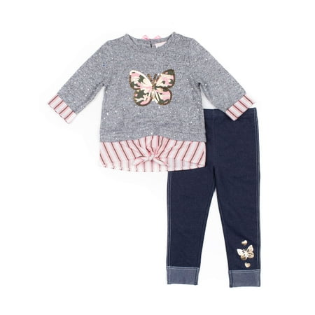 Little Lass Camo Butterfly Tie-Front Top and Knit Denim Leggings, 2pc Outfit Set (Baby Girls & Toddler Girls)