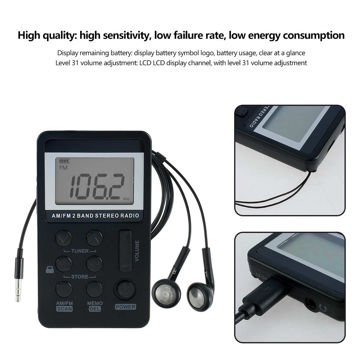 Portable AM/FM Radio, Black, Rechargeable Walkman Radio with LCD Display for Jogging - image 2 of 9