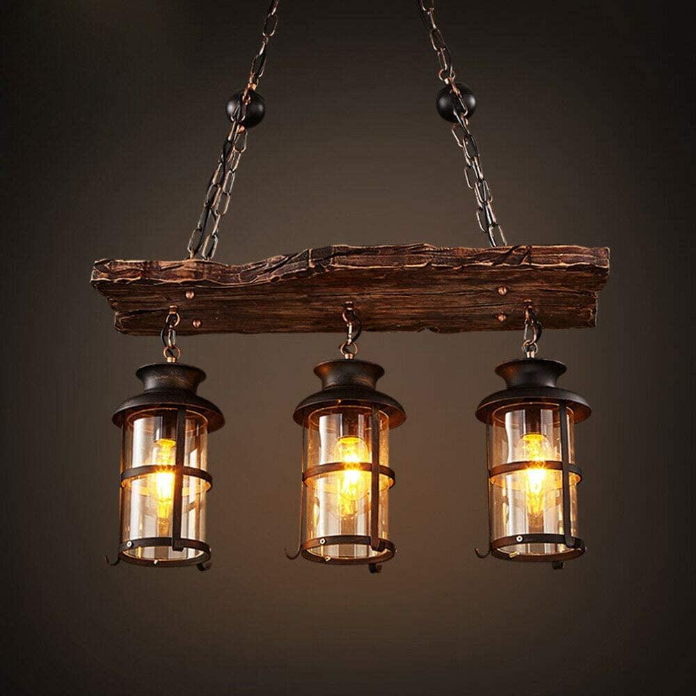 Fetcoi Industrial Pendant Light Fixture, 3-Light Wood Iron Retro Rustic Chandelier Lantern Transparent Glass Lampshade Black Finish Ceiling Hanging Light for Cafe Bar Restaurant