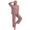 thumbnail image 3 of DAKIMOE Lounge Sets for Women Pajamas Long Sleeve Sleepwear Soft Nightwear 2 Piece Pjs Ribbed Knit Fall Winter Outfits Pockets, Pink, XL, 3 of 9