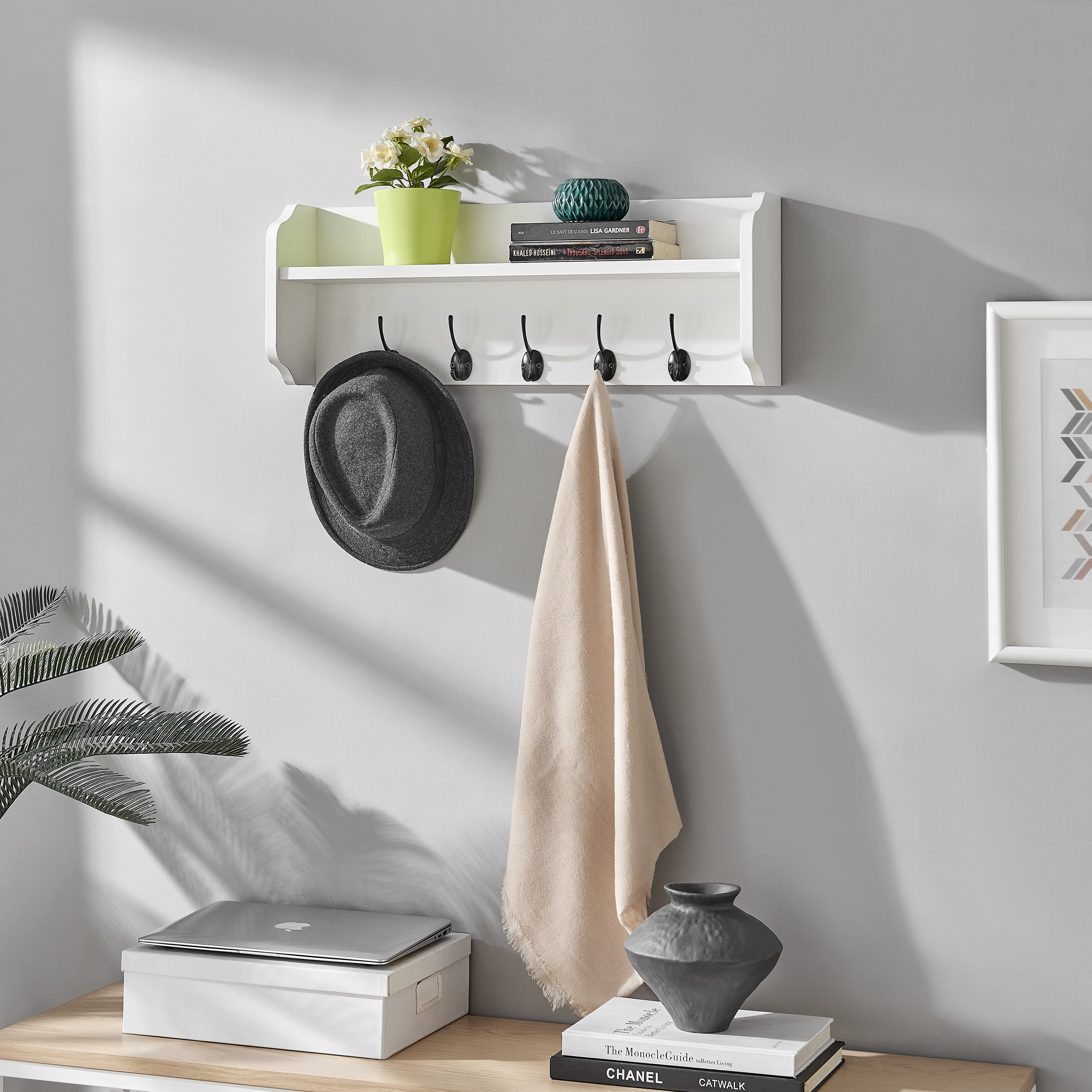 Entryway Floating Utility Wall Shelf with Hooks – Wall Mounted - White