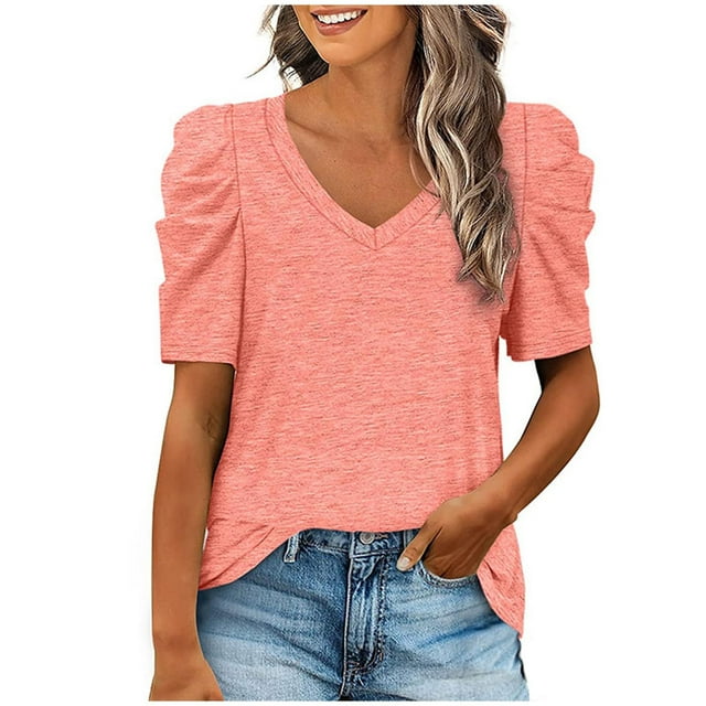 Timegard Haut Femme Col en V Manches Courtes Bouffantes Couleur Unie Tunique Décontractée Mode Été