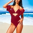 thumbnail image 4 of Gamivast One Piece Swimsuit Women Mesh Ruffle Sleeves Bathing Suit Tummy Control Ruched Swimwear V Neck Swim Suit With Pad Beach Vacation Clothes, 4 of 5