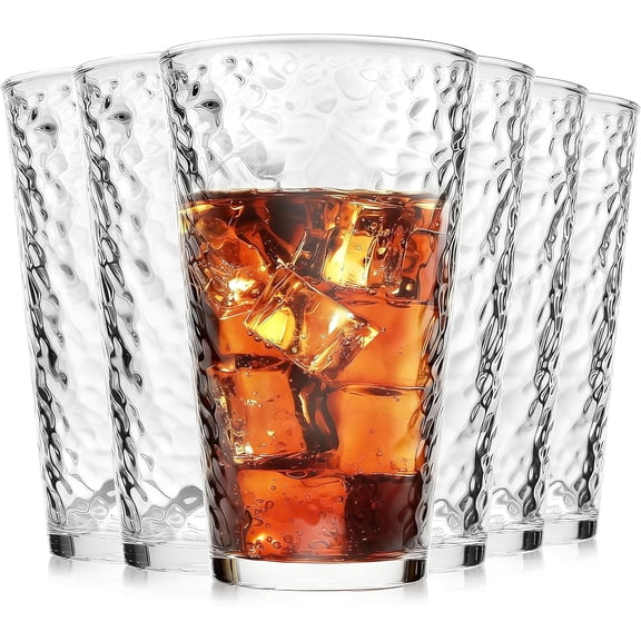 16 oz Drinking Glasses, Set of 6 Hammered Glass Cups, Clear Heavy Base Stemmed Highball Water Glasses for Beer, Iced Coffee Cups, Cocktail Glasses, Wine, Iced Tea, Dishwasher Safe