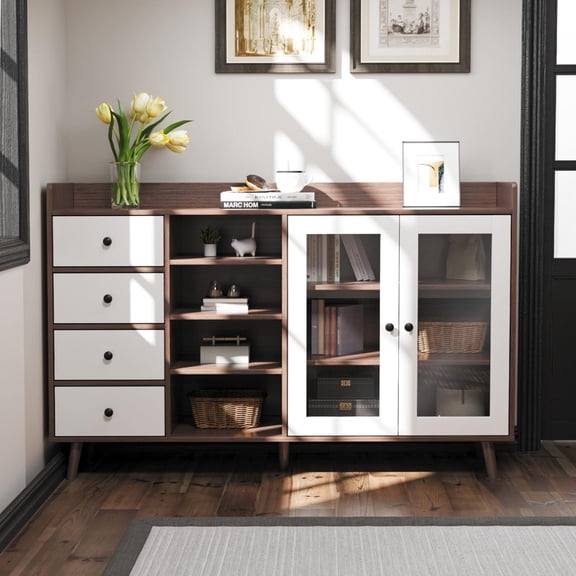 TROPOW 55" Buffet Cabinet with Drawers, Farmhouse Pantry Storage Sideboard for Dining Room and Living Room, Freestanding Kitchen Cupboard