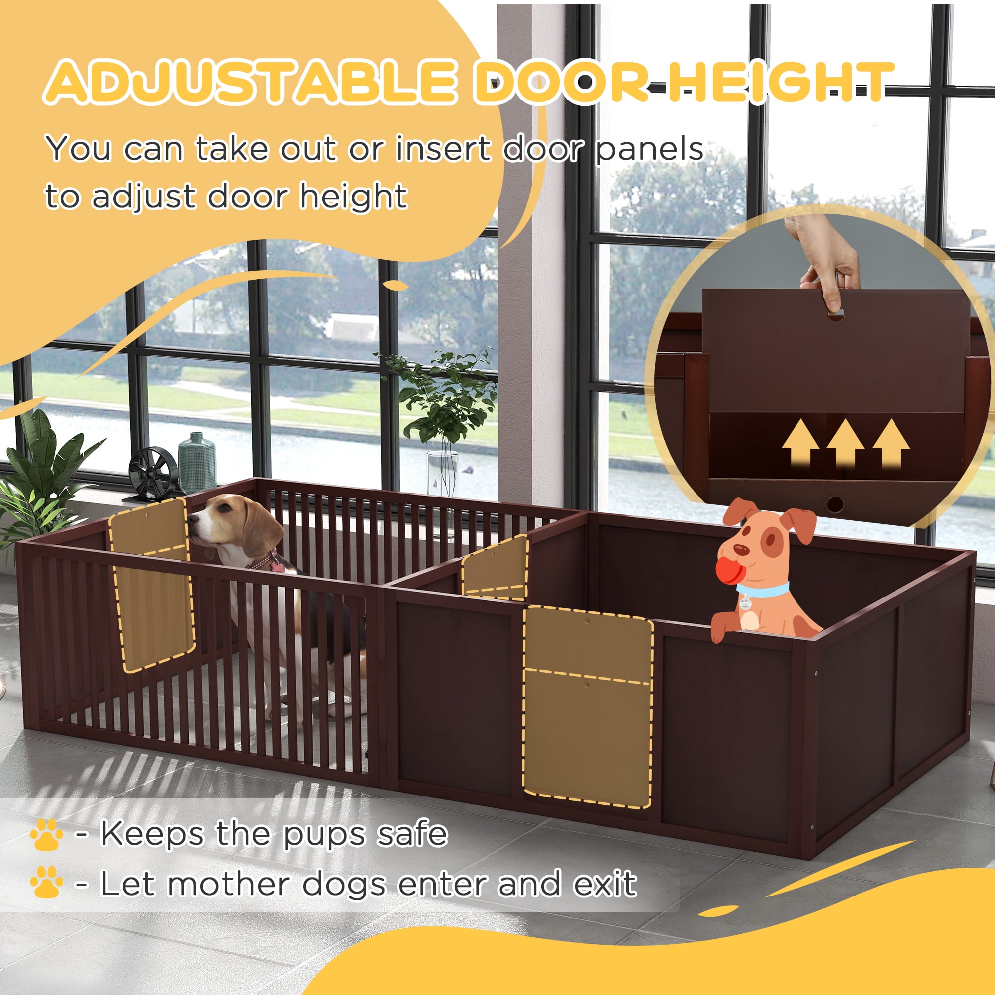 PawHut 81" x 40" Whelping Box for Dogs Built for Mother's Comfort, Newborn Puppy Supplies, Puppy Playpen with Adjustable Height Entrance Door, Coffee