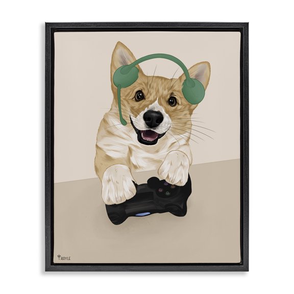 Stupell Industries Happy Gamer Dog Animals & Insects Painting Black Floater Framed Art Print Wall Art, 17 x 21