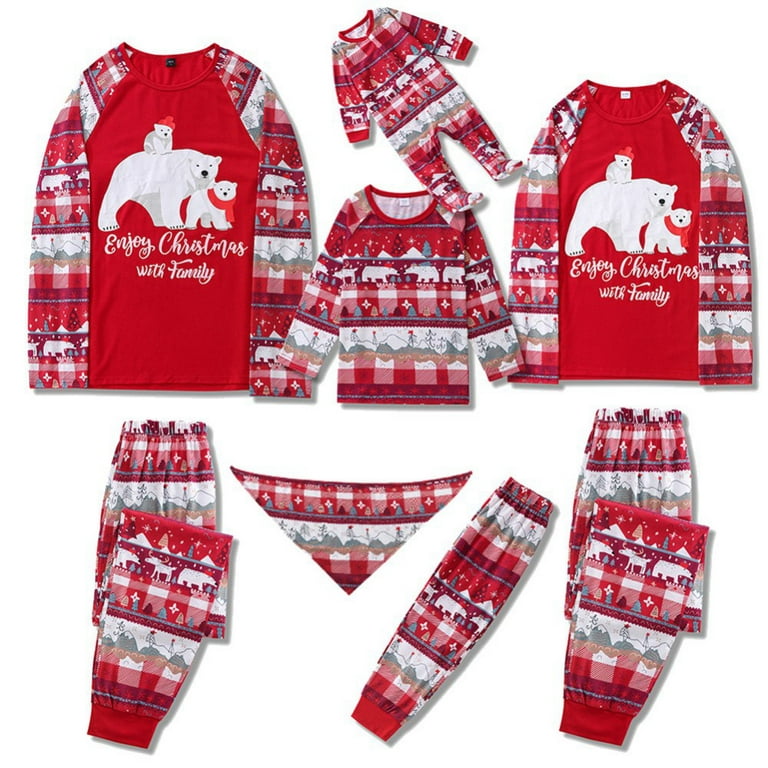 Christmas Matching Family Pajamas Sets Polar Bear Print Red Tops and Pants  Sleepwear 2Pcs Sets