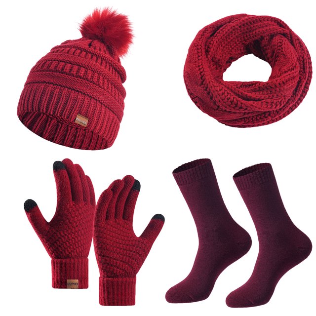 Wine Wine Red Winter Knit Set With Hat Scarf Gloves And Socks Made From Quality Acrylic For Warmth And Durability In Winter