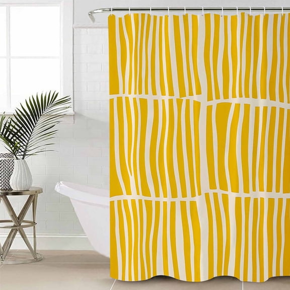 Yellow Striped Shower Curtain Set, Waterproof Shower Curtains for Bathroom, Modern Geometric Abstract Retro Washable Fabric Cloth Bath Curtain for Bathtub Decoration with Hooks 66x72 Inches