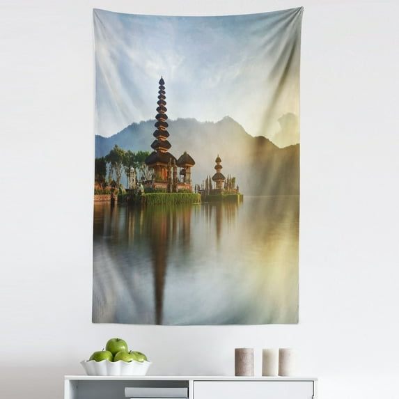 East Tapestry, Pura Ulun Danu Building Panorama Sunrise on Lake Bratan Bali Indonesia Waterscape, Fabric Wall Hanging Decor for Bedroom Living Room Dorm, 5 Sizes, Beige Brown, by Ambesonne