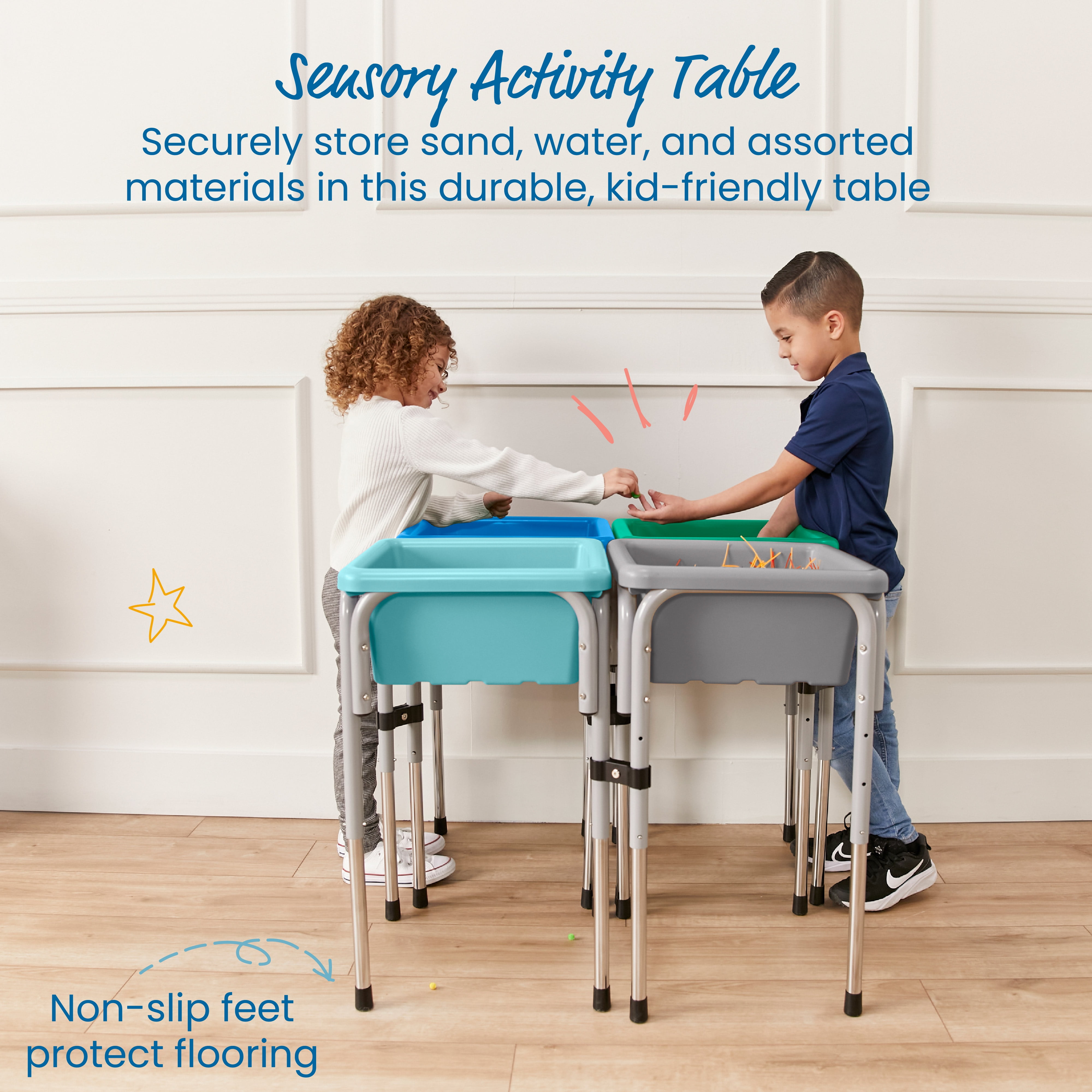 ECR4Kids 4-Station Sand and Water Adjustable Height Table, Sensory Bins, Contemporary