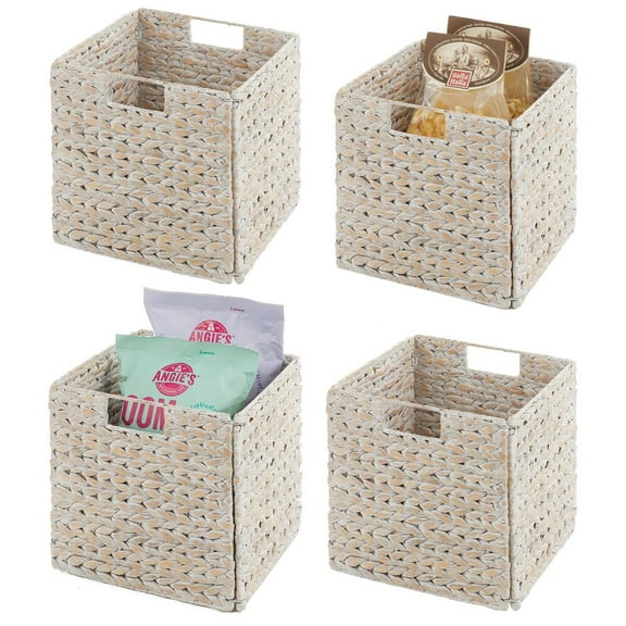 mDesign Woven Hyacinth Kitchen Storage Organizer Basket Bin, 4 Pack, White Wash