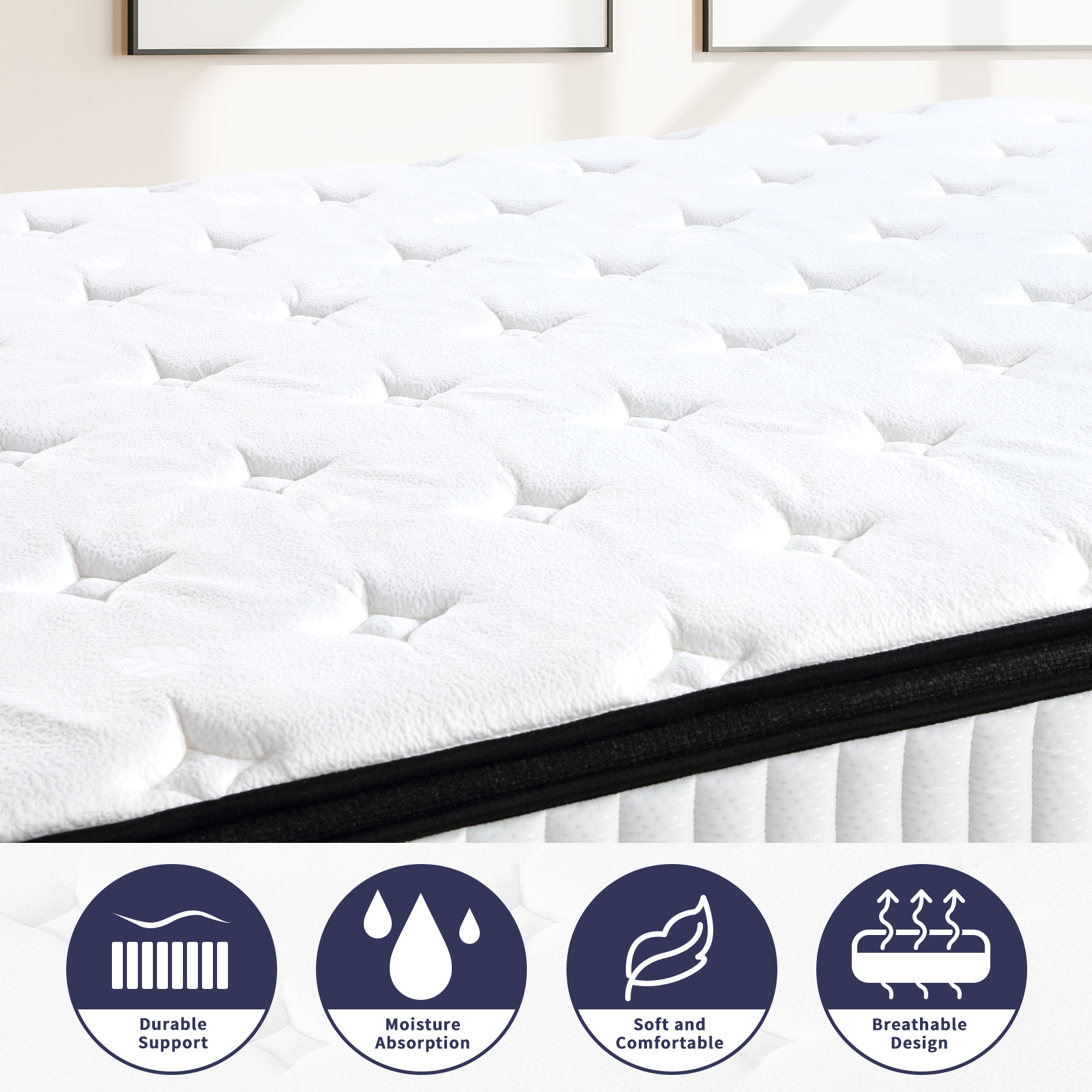 VFD 10 inch Spring Sensation Hybrid Mattress, Queen, Fiberglass Free, Medium Firmness, Durable Support, Certified Safe Foams & Fabric, Mattress in A Box, White