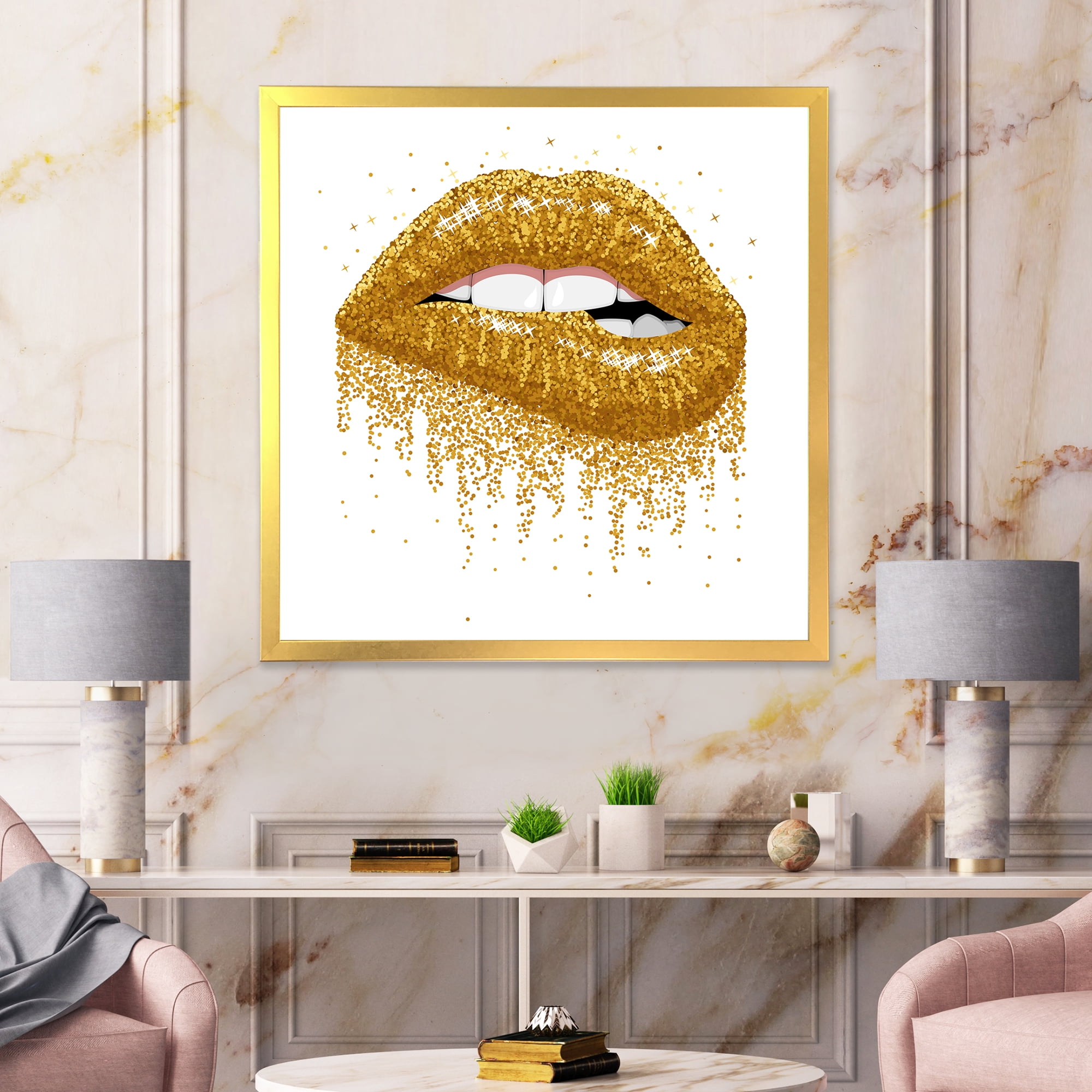Designart 'Girl Lips With Glitter Gold Sparkles' Modern Framed Art Print