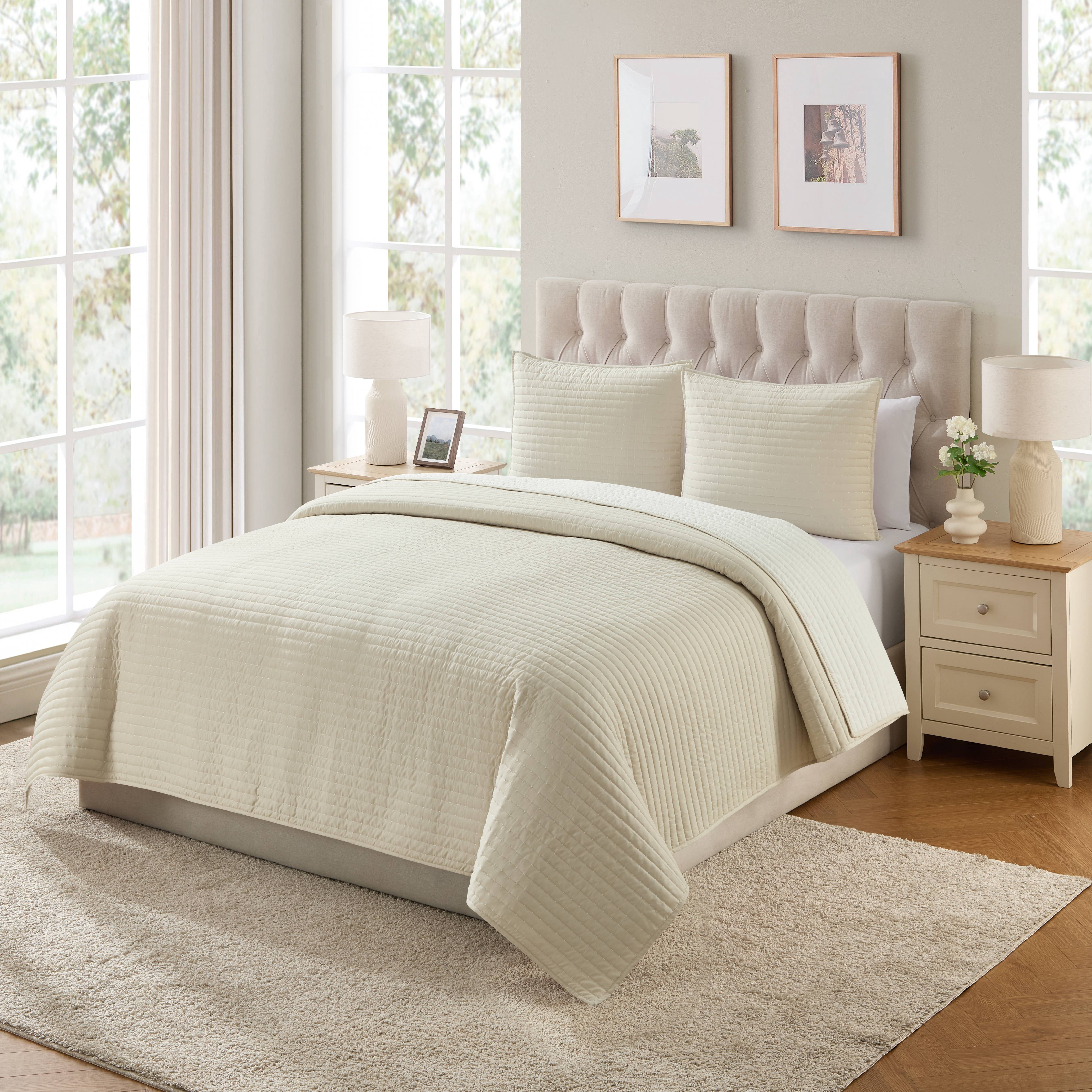 VCNY Home Embroidered 3-Piece Taupe Pick Stitch Microfiber Quilt Set, King