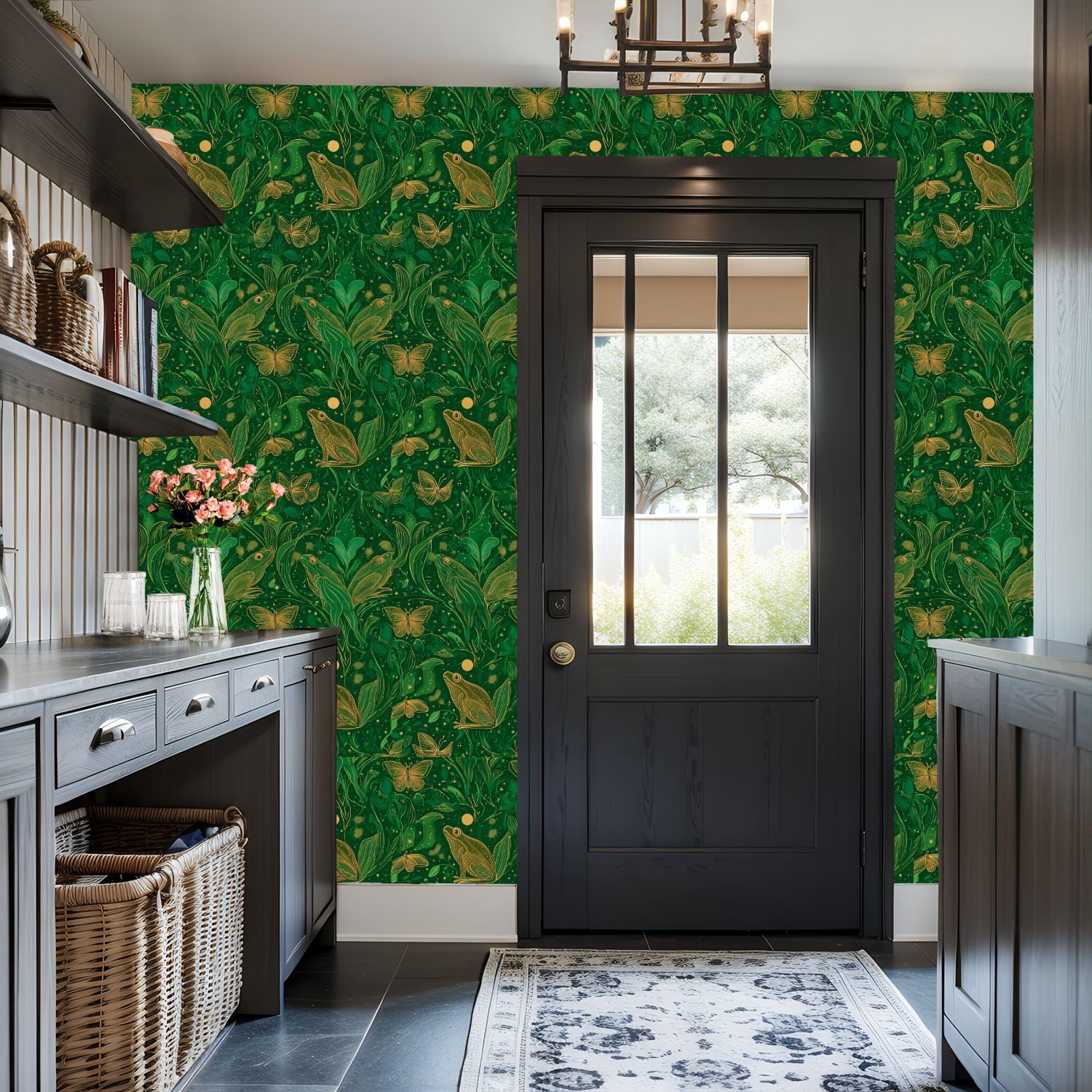 Vintage Peel and Stick Wallpaper Whimsical Frogs Butterflies Floral Elements Green Gold Wall Mural 17.7in x 9.8ft Self Adhesive Removable Wall Paper Renter Friendly Wallpaper for Nursery Bedroom