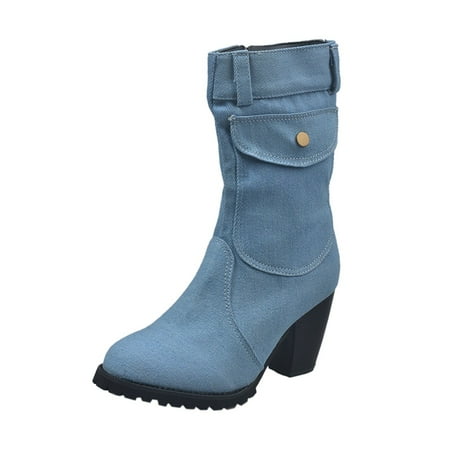 

Gzztg Cowboy Boots for Women European And American Style Large Size High Heel Denim Mid-Tube Women s Boots