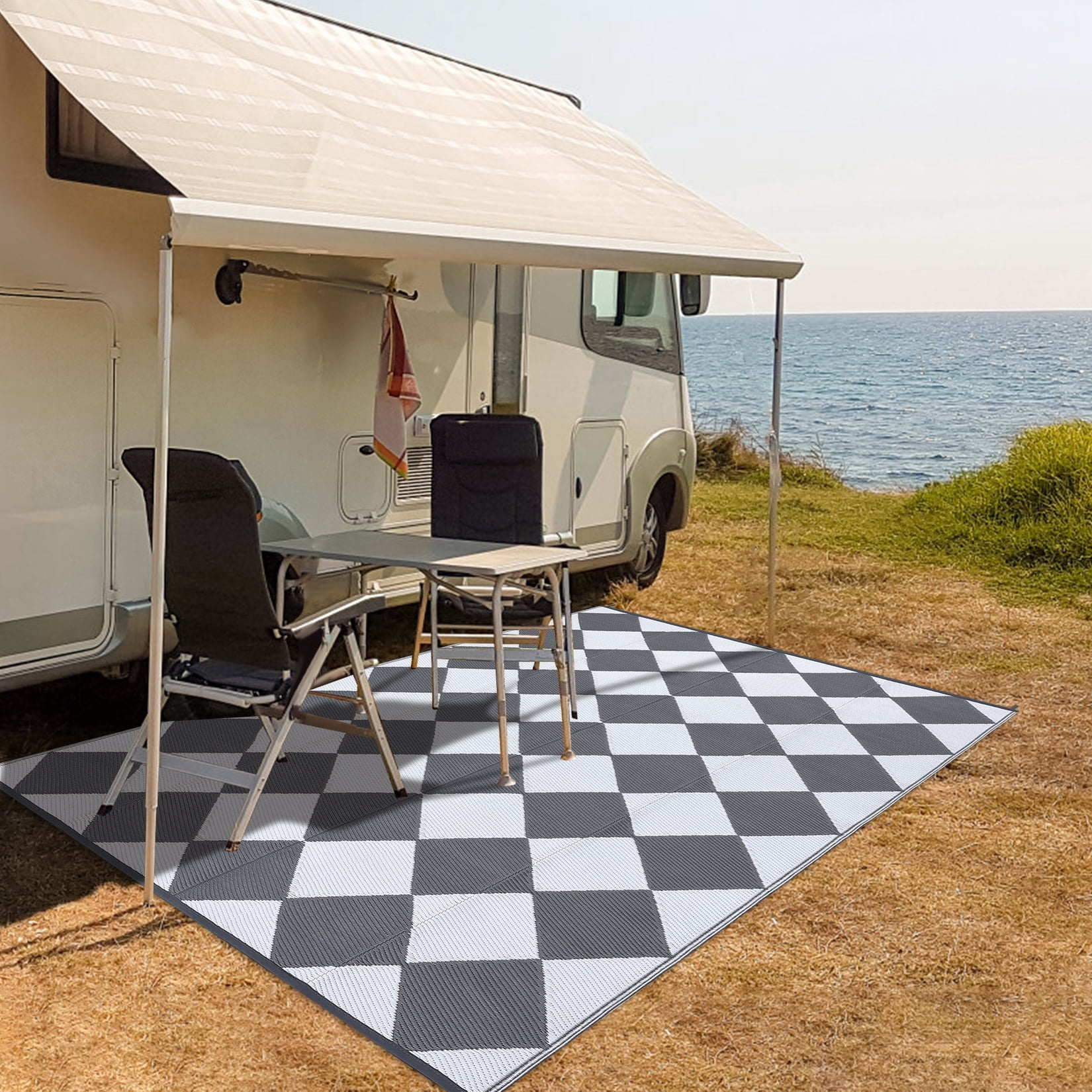 ZACOO Outdoor Reversible Mats Geometric Plastic Straw Rug Waterproof 9x12 Feet Reversible Patio Rug Outdoor Camping Rug for Beach, Grey/White