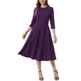 thumbnail image 2 of INSPIRE CHIC Women's Elegant Work Dress 3/4 Sleeve Pleated Round Neck Swing Midi Dress XS Deep Purple, 2 of 5