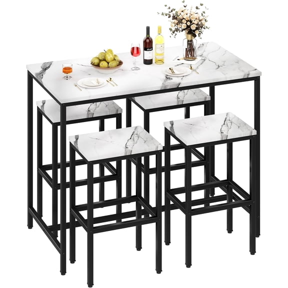5 Piece Bar Table Set, White Kitchen Bar Table & 4 Chairs, Modern Metal Counter Height Table with Stools for Dining Room, Living Room, Breakfast, Faux Marble Wood Top
