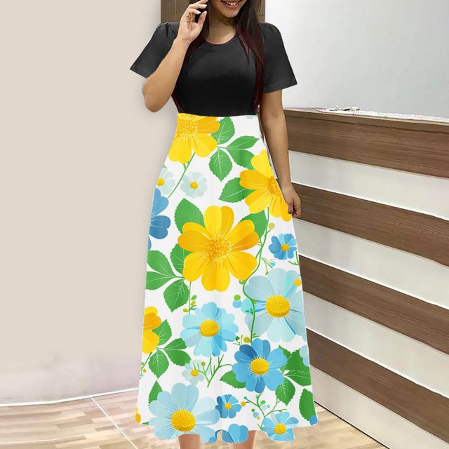 Puntoco Vestido De Manga Corta Con Cuello Redondo Y Falda Larga Estilo Resort Con Estampado Floral Para Mujer Negro L,Regalos Para Mujer Joven