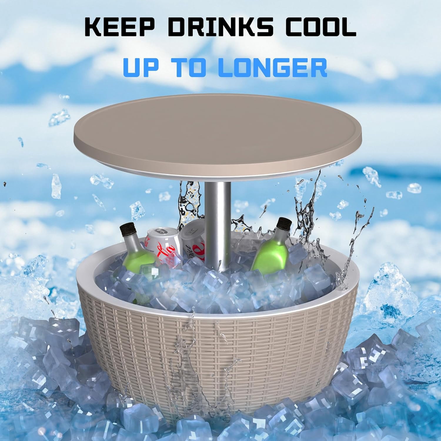 3-in-1 Resin Ice Bucket & Cooler – Wood-Look Patio Table with UV Protection & Drain Plug, Light Coffee, 19x19x22.6in