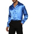 thumbnail image 5 of Unique Bargains Men's Prom Satin Long Sleeves Button Down Slim Fit Formal Shirts S Dark Blue, 5 of 6