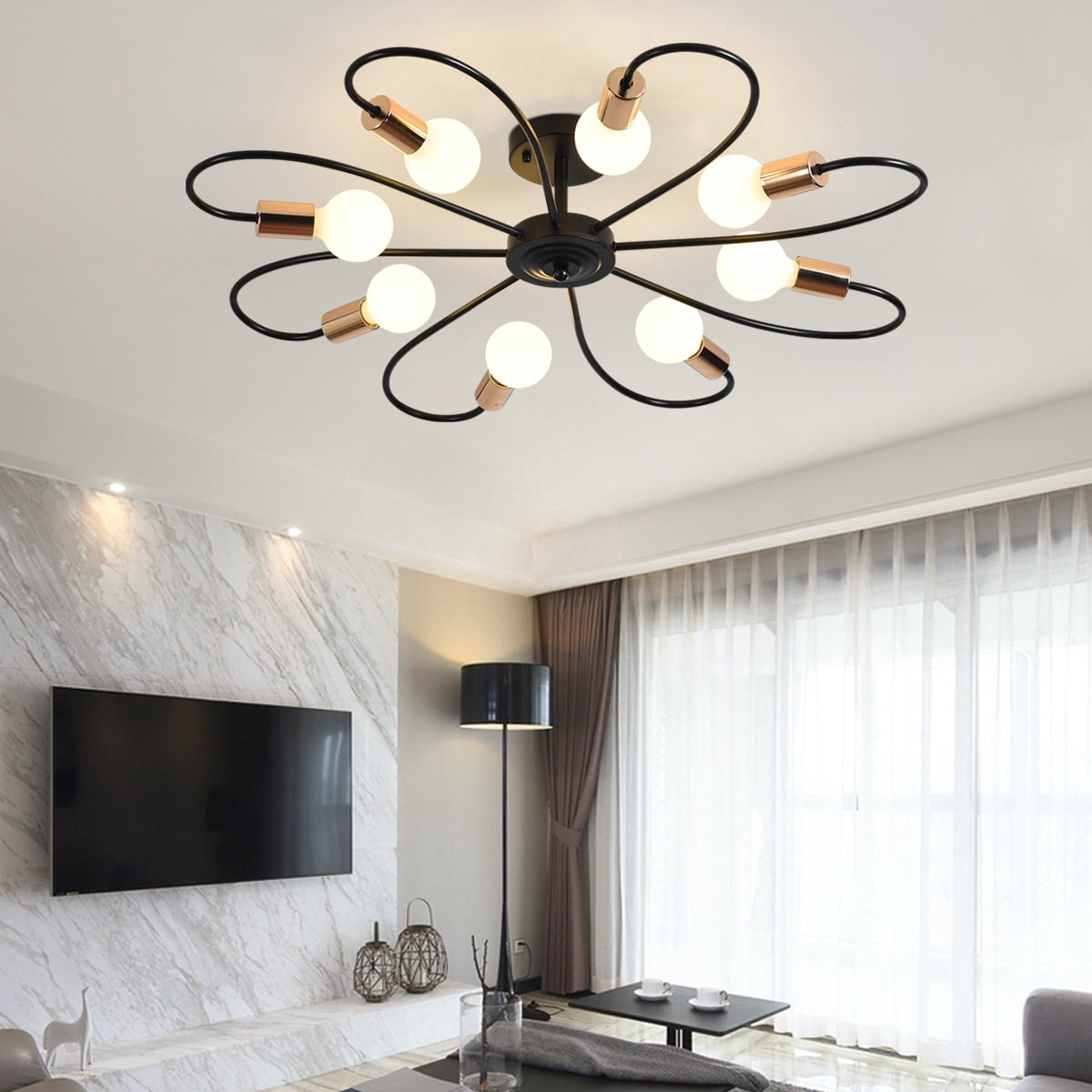 Ganeed 8-Light Semi Flush Ceiling Light, Modern Sputnik Chandeliers , Industrial Vintage Ceiling Lamp Fixture for Kitchen Dining Living Room Bedroom (Black&Gold)