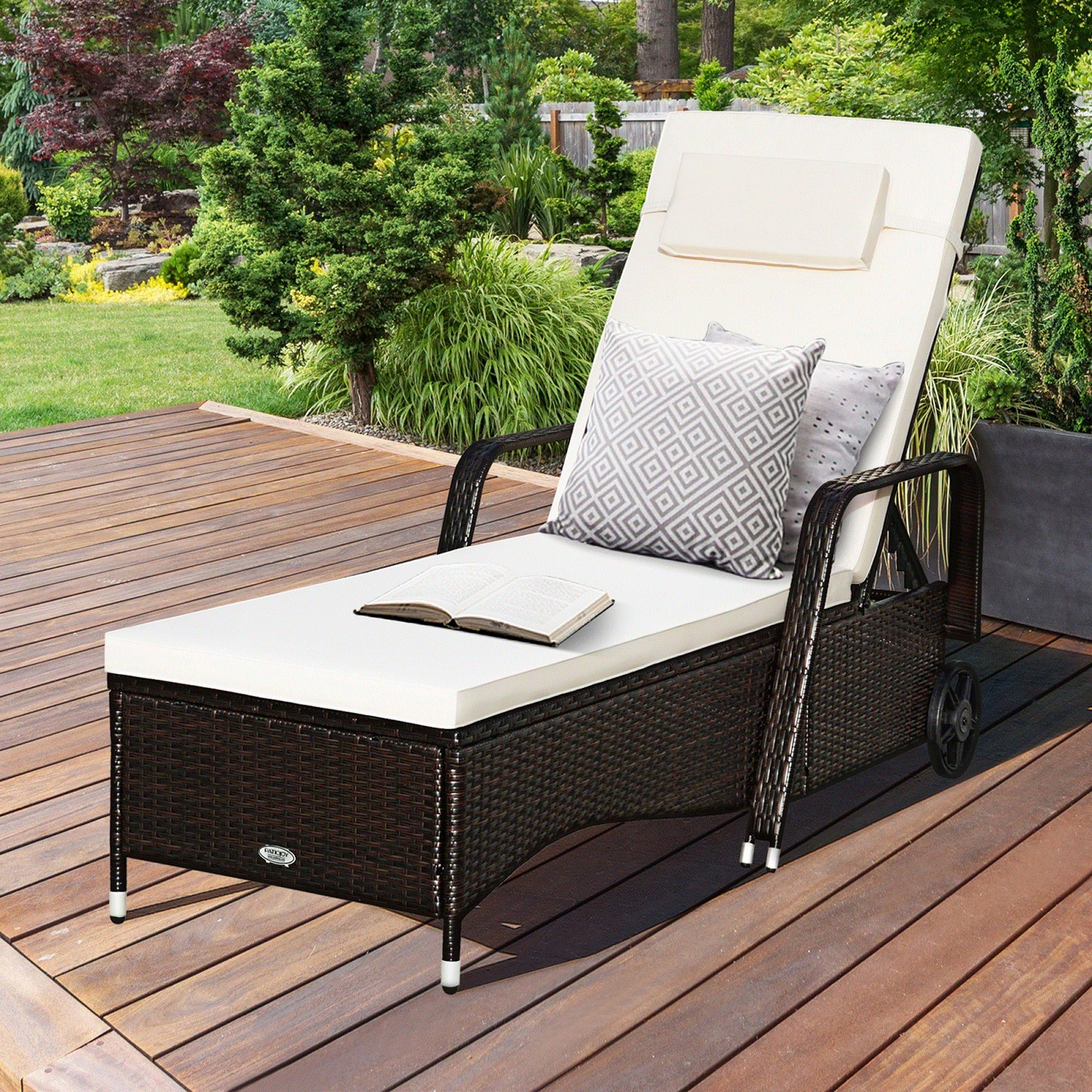 Gymax Cushioned Outdoor Wicker Chaise Lounge Chair w/ Wheel Adjustable ...