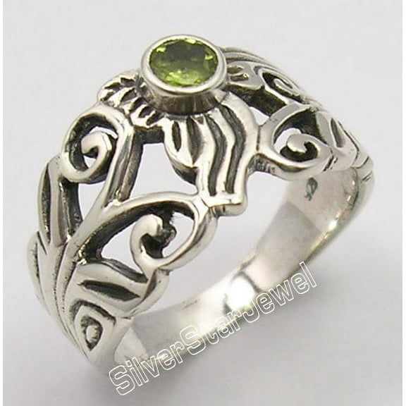 925 Solid Silver Natural Green Peridot Handcrafted Ring Size 5 Unisex