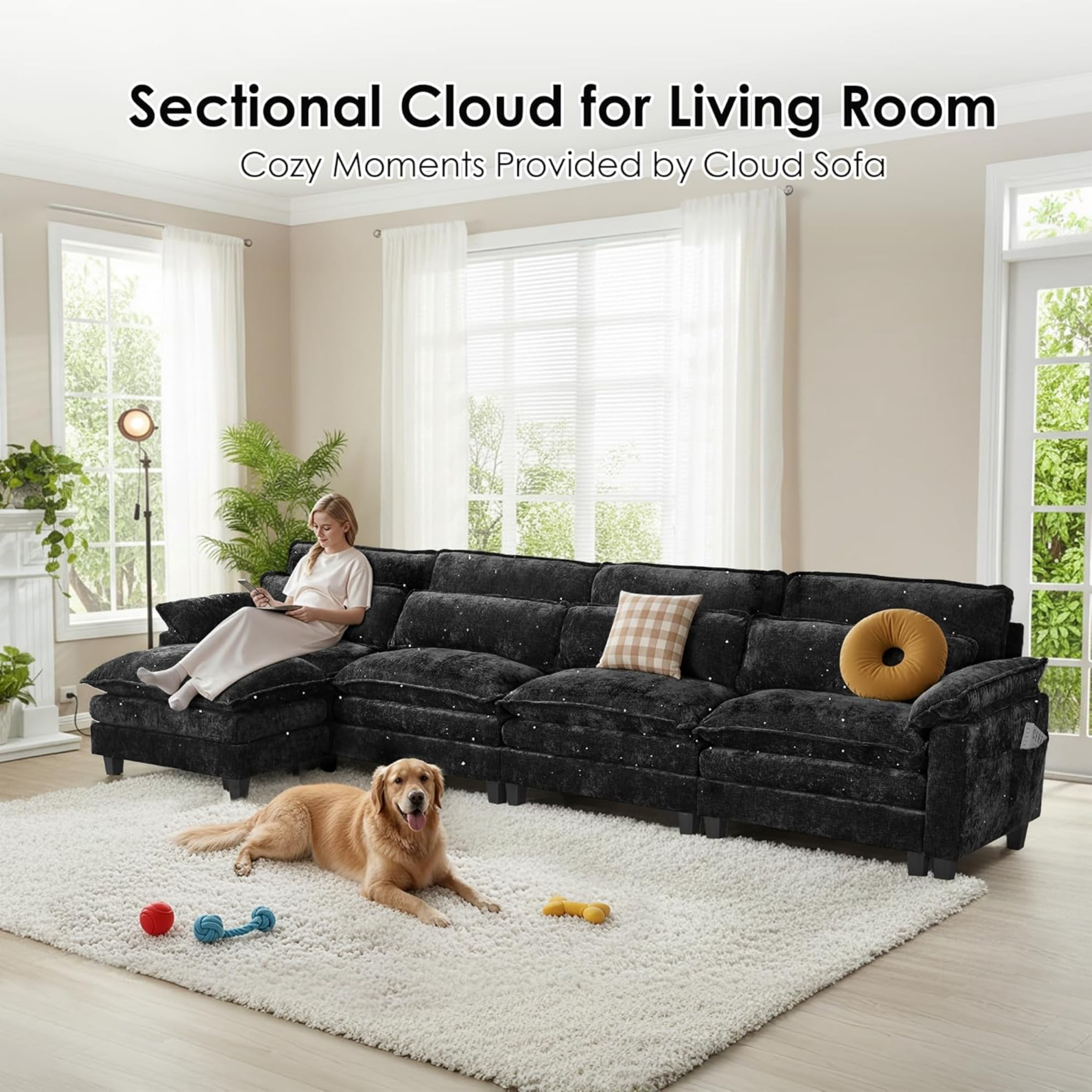 EPOWP Cloud Modular Sectional Sofa with Movable Ottoman, Comfy L Shaped Couch for Living Room, Chenille, 5-Seat, Stardust Black