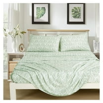 Medina 4-Piece Tranquil Leaf Bed Sheet Set - Soft Green White Leaves Printed Microfiber 14-Inches Deep Pocket Sheets & Pillowcases Set, Queen