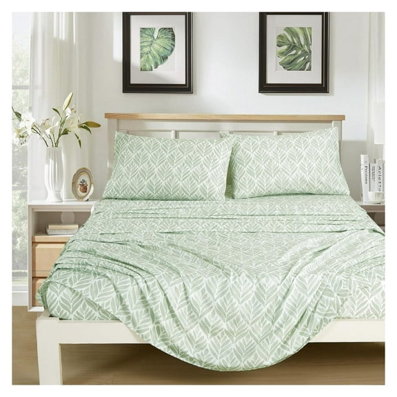 Medina 4-Piece Tranquil Leaf Bed Sheet Set - Soft Green White Leaves Printed Microfiber 14-Inches Deep Pocket Sheets & Pillowcases Set, Queen