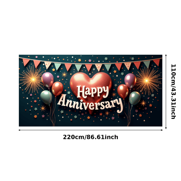 Heart Balloon Anniversary Banner Colorful Decoration Firework Design Celebration Banner for Wedding Anniversary Party Indoor Decoration