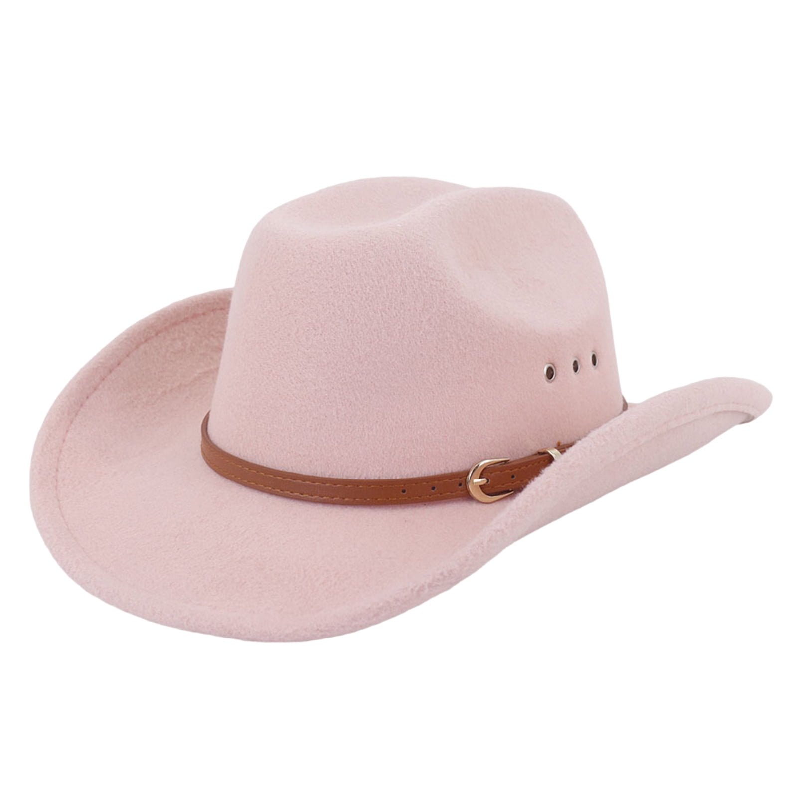 rygai Ethnic Style Wide Brim Hemming Faux Leather Belt Decor Jazz Hat Western Cowboy Cowgirl Fedora Hat Fashion Accessories,Pink