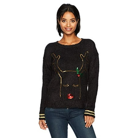 Blizzard Bag - Blizzard Bay Women's L/s Feather Yarn Crew Neck Reindeer with Sequins, Black, M