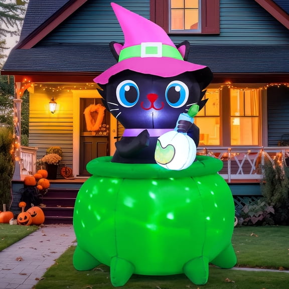 GOOSH Halloween Inflatables 6 FT Black Cat Blow up with Witch Cauldron, Cute Inflatable Cat Halloween Cat Inflatables with LED Lights, Outdoor Halloween Decorations Inflatable Cat for Holiday Party