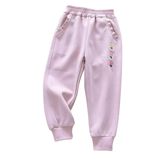 Odeerbi 2-12 Años Niñas Pantalones de Algodón Floral Bordado Entrenamiento Deportes Jogger Pantalones Casual Cintura Elástica Joggers Con Bolsillos