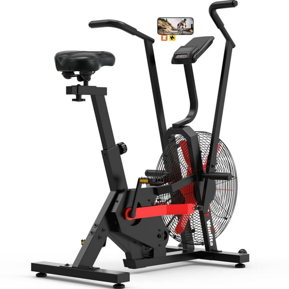 Air-Resistance Exercise Fan Bike With APP & Dual Acction Handlebars, Stationary Bike for Home Cardio Workout, Upright AirBike Indoor Cycling Bike