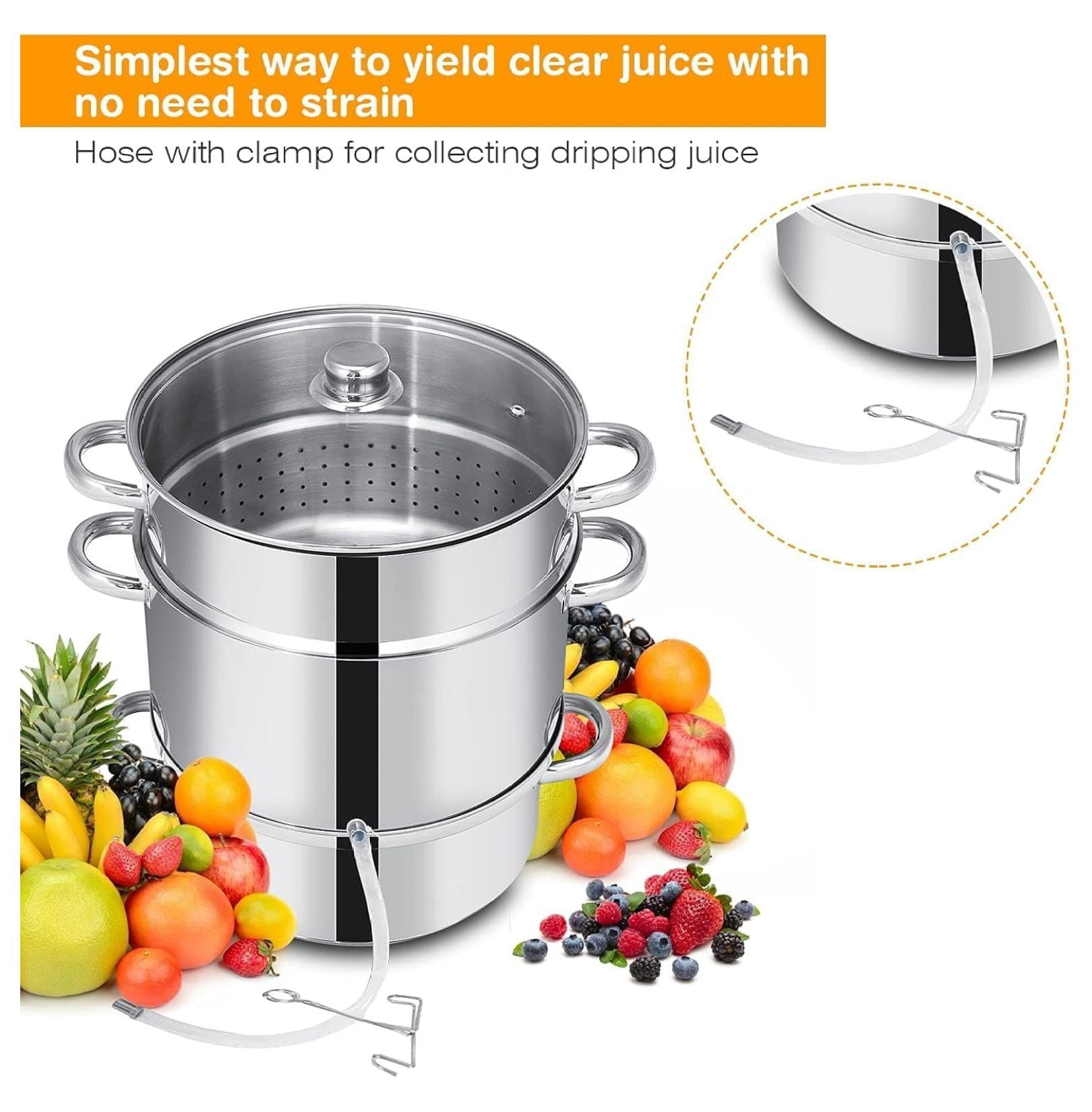11-Quart Juicer Stainless Steel, Steamer Extractor Pot for Fruit Vegetable Canning with Tempered Glass Lid, Hose, Clamp, Loop Handles, Silver